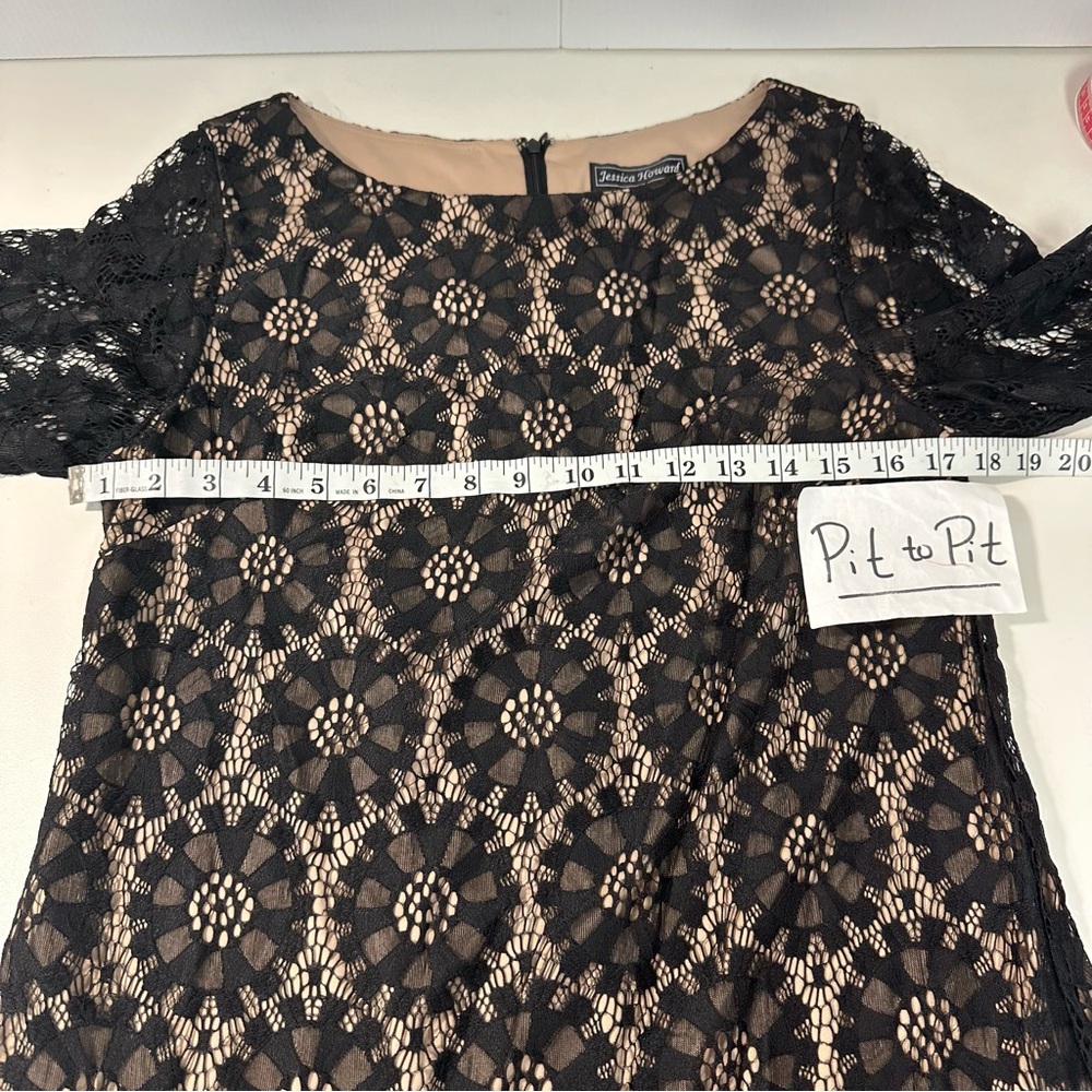 Jessica Howard Black Lace Overlay Sheath Dress Nude Lining 3/4 Sleeve Sz12 Event - Picture 11 of 14